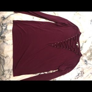 Burgundy Long Sleeve Lace Up Top